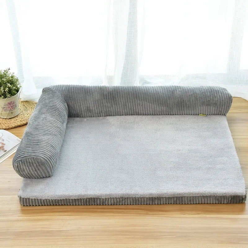 Corduroy pet sofa dog bed with removable cover in coffee colour showing non-slip base