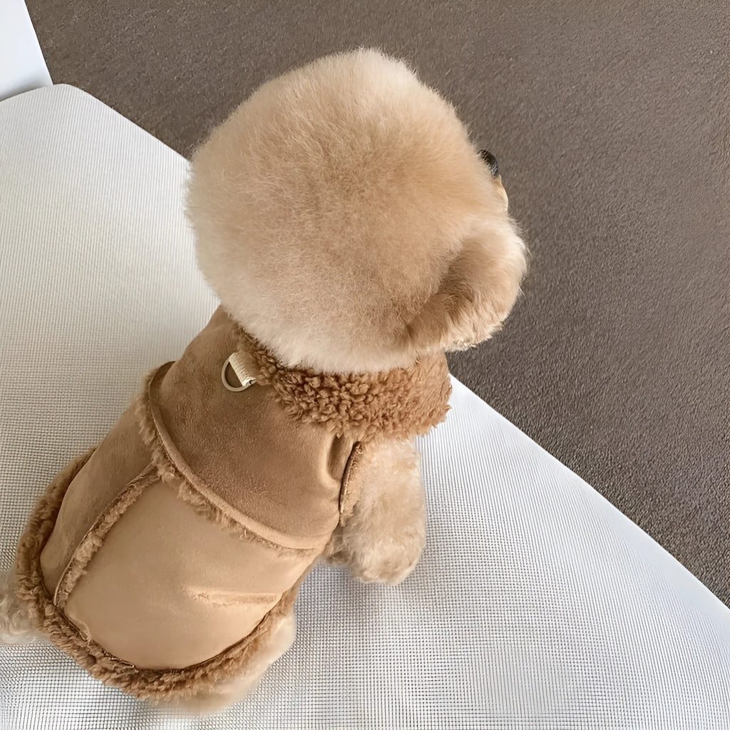 Pet traction warm vest for autumn and winter in brown, pink, and white, with back lengths from 20cm to 40cm for small to medium dogs