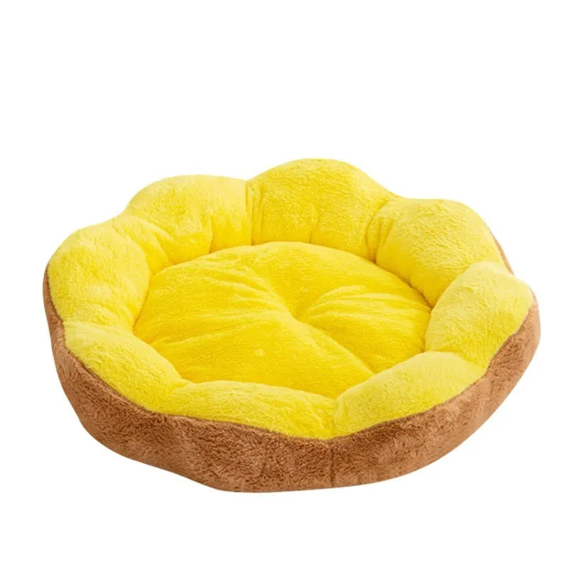 A round rabbit plush cat bed with a thick rim, shown in a brown grey colour.
