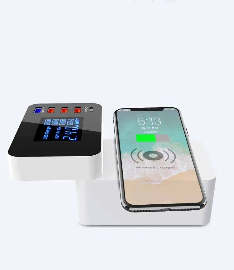White multi-port USB fast charger with wireless charging surface and 1.5 metre cable