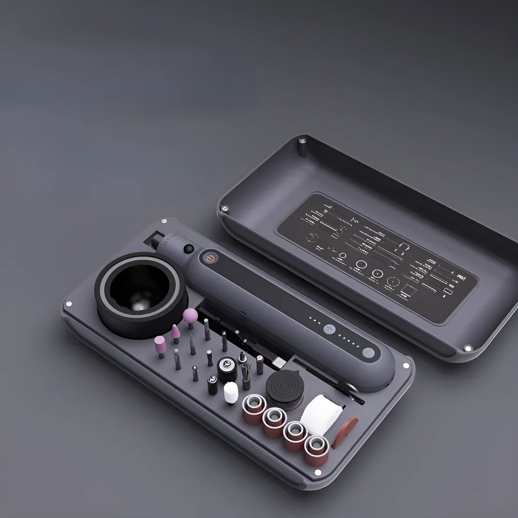 Mini electric polishing and cutting grinder set with lithium battery on a workbench.