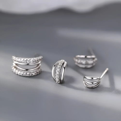 925 silver geometric earrings with silver needle posts in large, medium, and small sizes