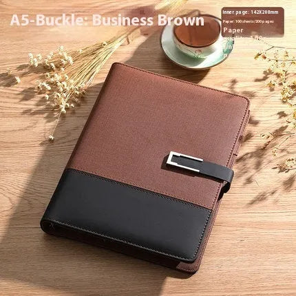 A5 soft leather business notebook in brown, black, green, blue, and red colour options.