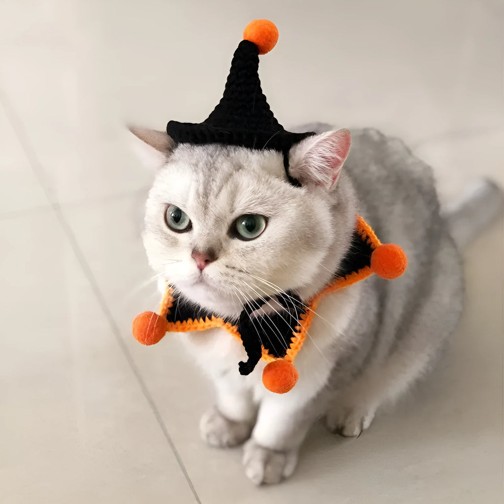 Halloween pet collar and hat set for cats, neck 15-35cm, hat inside diameter 7cm