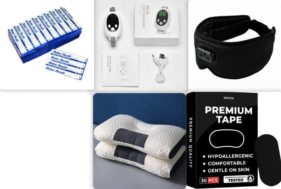 White handheld sleep aid remote control device with USB charging cable and wrist bracelet.