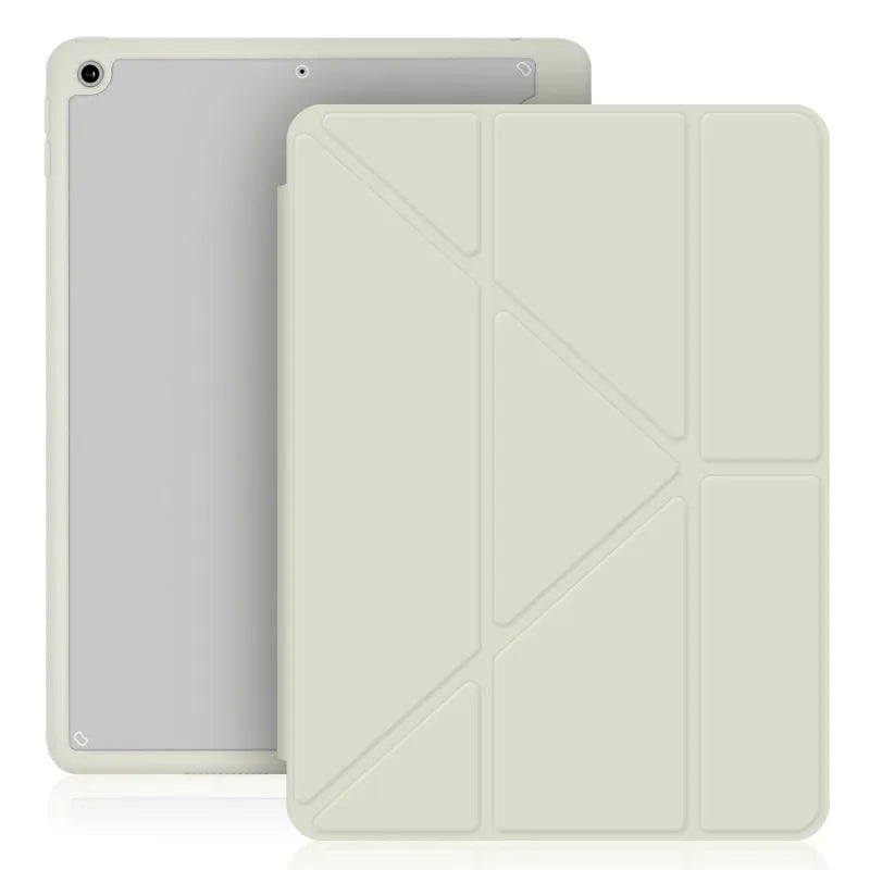 iPad protective case with Y-shaped folding bracket stand and Apple Pencil storage slot in imitation leather