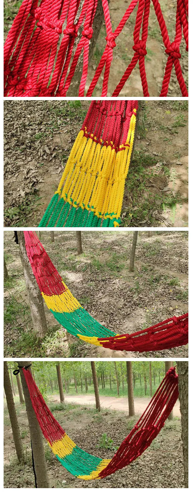 Outdoor nylon rope mesh hammock measuring 1.1m wide by 2.1m long with tying ropes