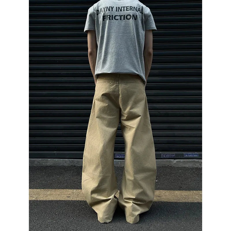 Men's khaki cotton trousers with straight leg cut and American retro styling on hanger