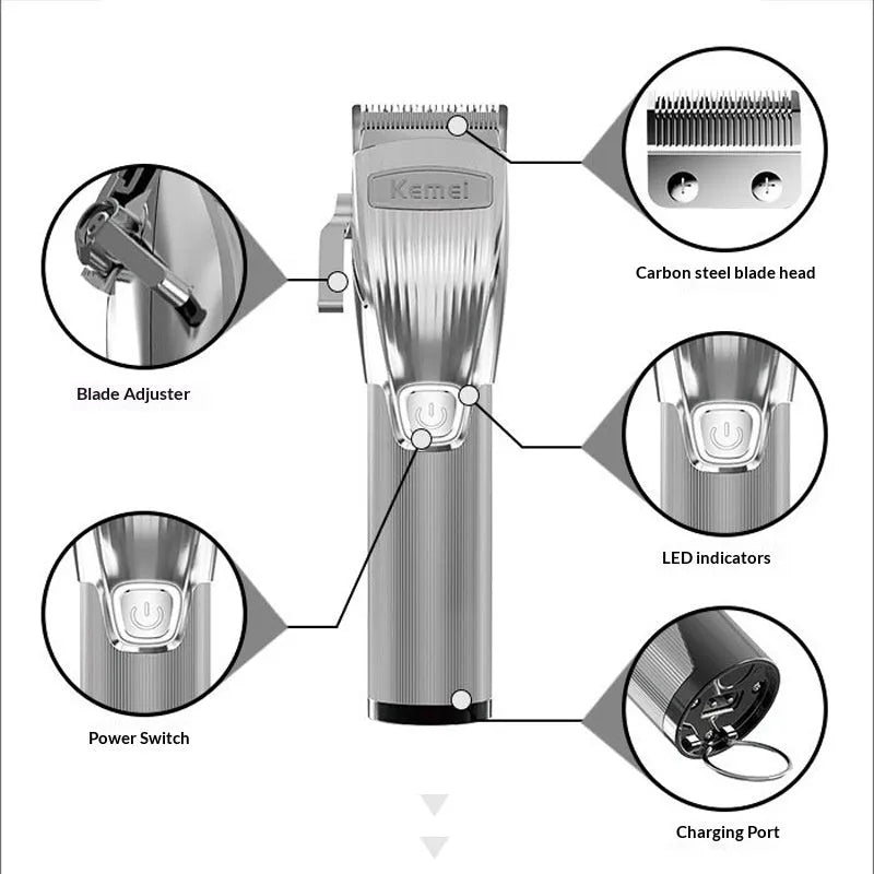 Rechargeable KM-K32 hair clipper for oil head carving with washable blades, 8 limiting combs and USB cable