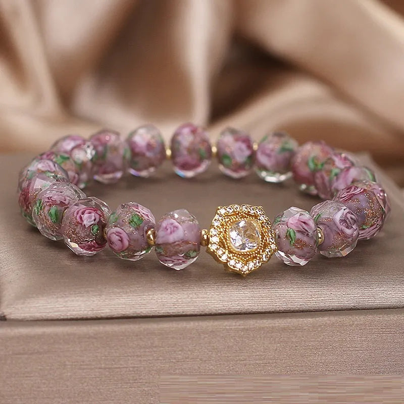 Purple glass beaded bracelet for women with coloured glaze and electroplated finish