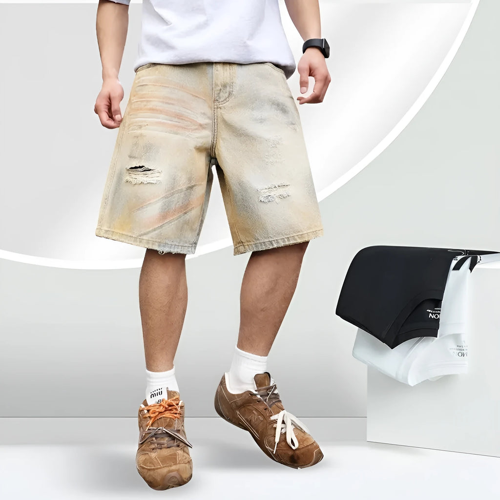 Men's light blue washed ripped denim shorts straight leg mid-length casual style