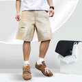 Men's light blue washed ripped denim shorts straight leg mid-length casual style