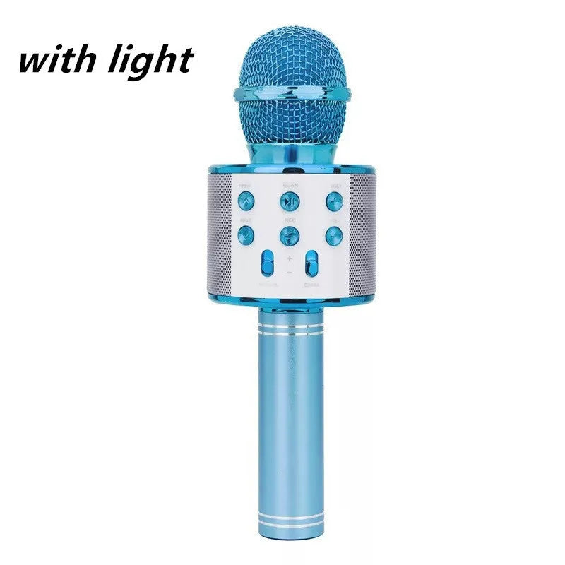 Wireless Bluetooth mini karaoke microphone speaker in black with LED light effects for home singing