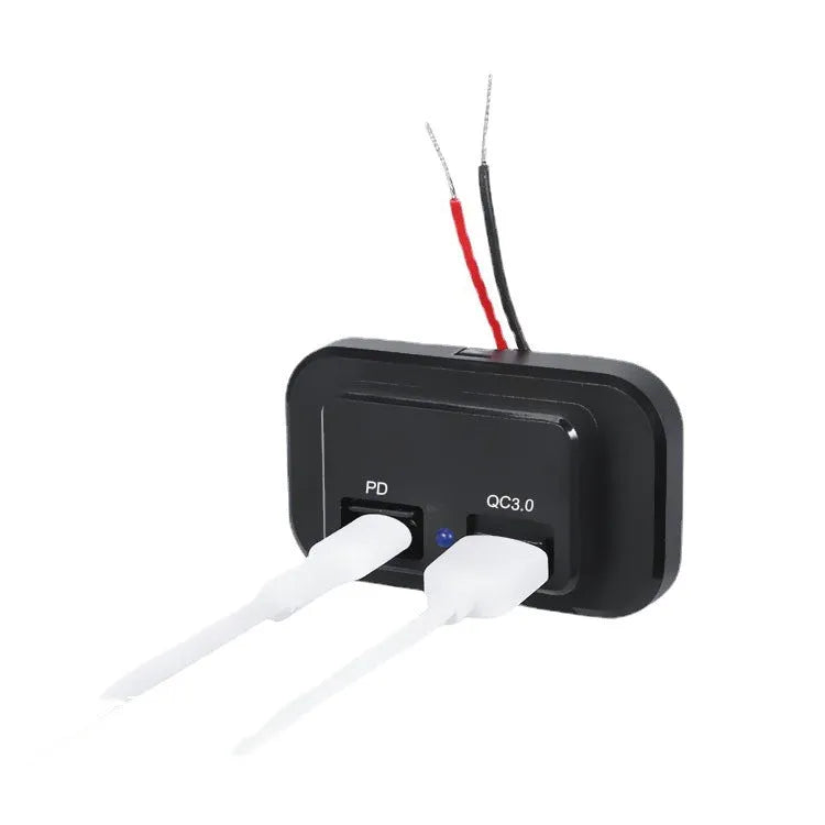 Black QC3.0 and PD compatible car charger with TYPE-C interface for vehicle use