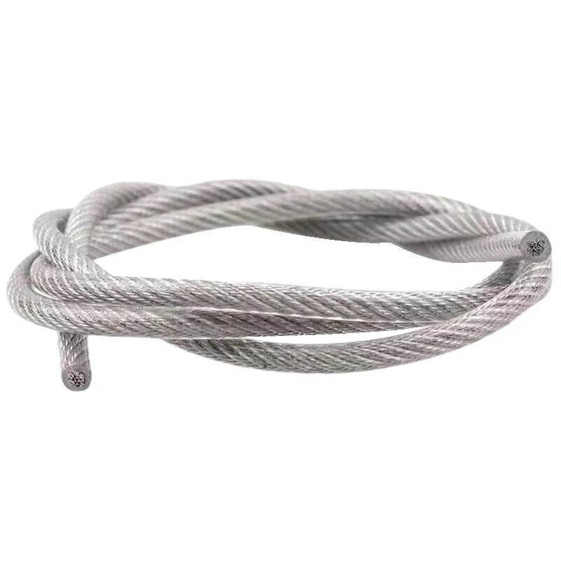 Close-up of a PVC-coated stainless steel security cable showing its multi-strand 7x19 construction.
