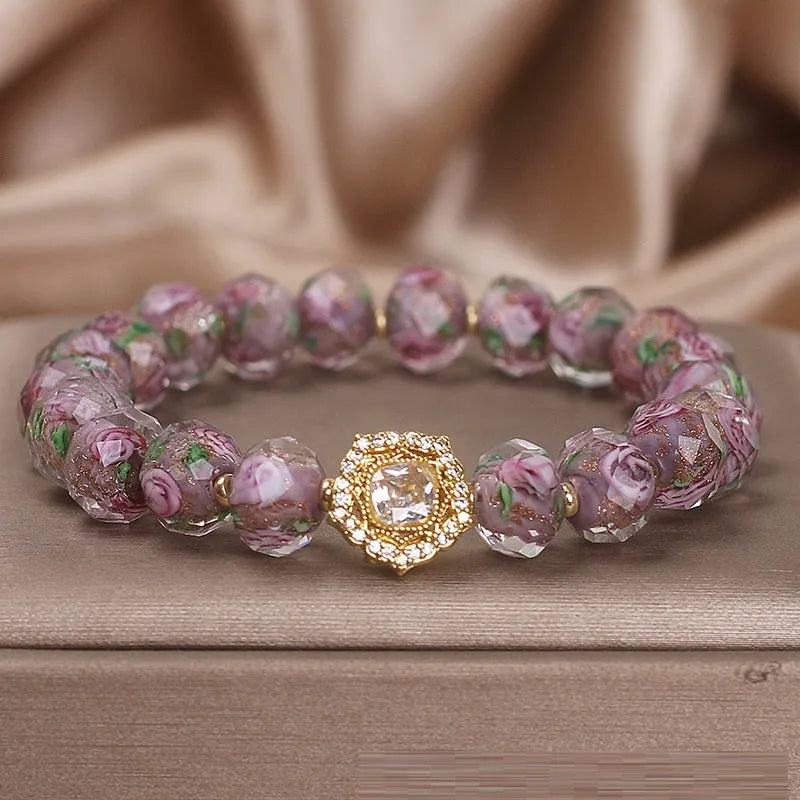 Purple glass beaded bracelet for women with coloured glaze and electroplated finish