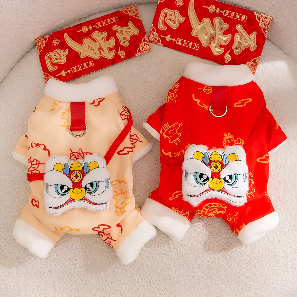 Lion dance pet jumpsuit in red with faux fur trim and leash ring, four-legged cotton jacket for dogs and cats.