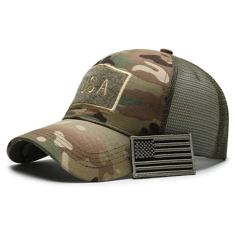 Tactical camouflage baseball cap with dome crown and adjustable Velcro closure