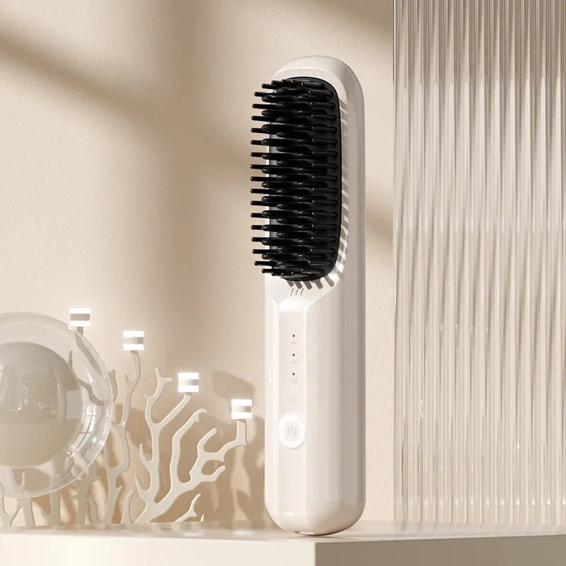Anion wireless hair straightening comb in beige, black, pink, or purple colours with Type-C charging port.