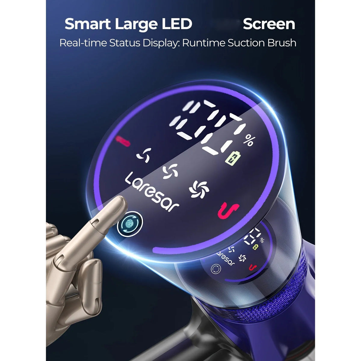 Cordless vacuum cleaner V7-CJD1003 with 500W motor and 50KPa suction, shown with power cord and manual.