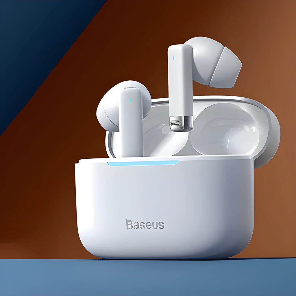 Active noise cancelling true wireless earphones in black or white with charging case