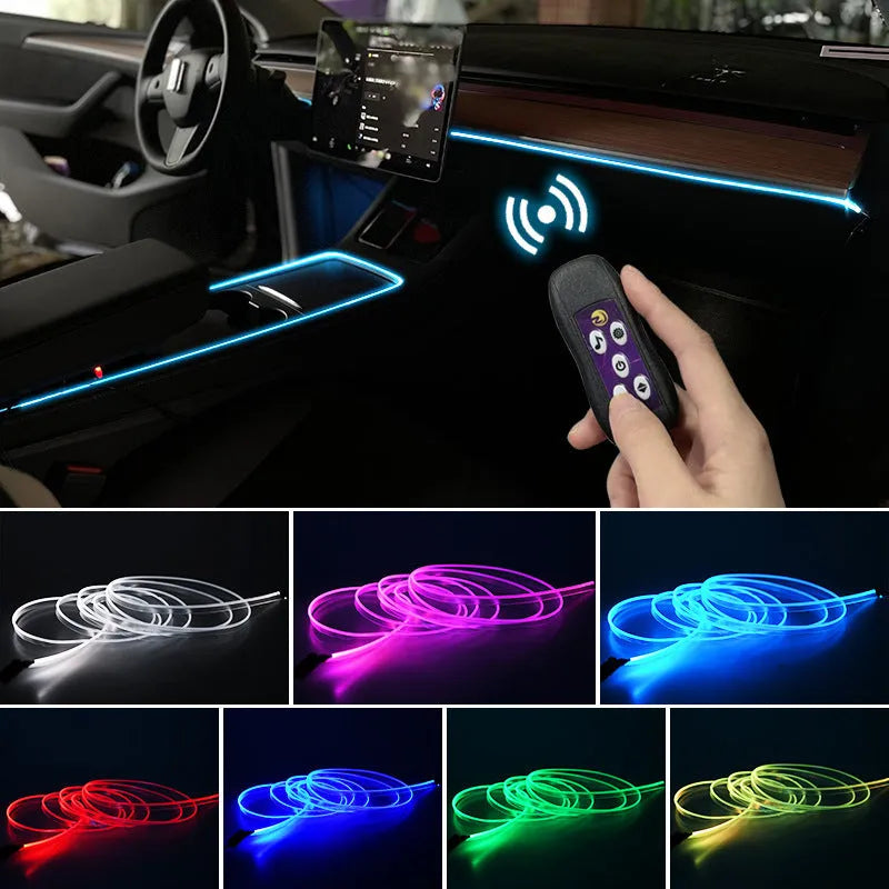 Car interior LED atmosphere light strips installed along dashboard and centre console with colour-changing illumination