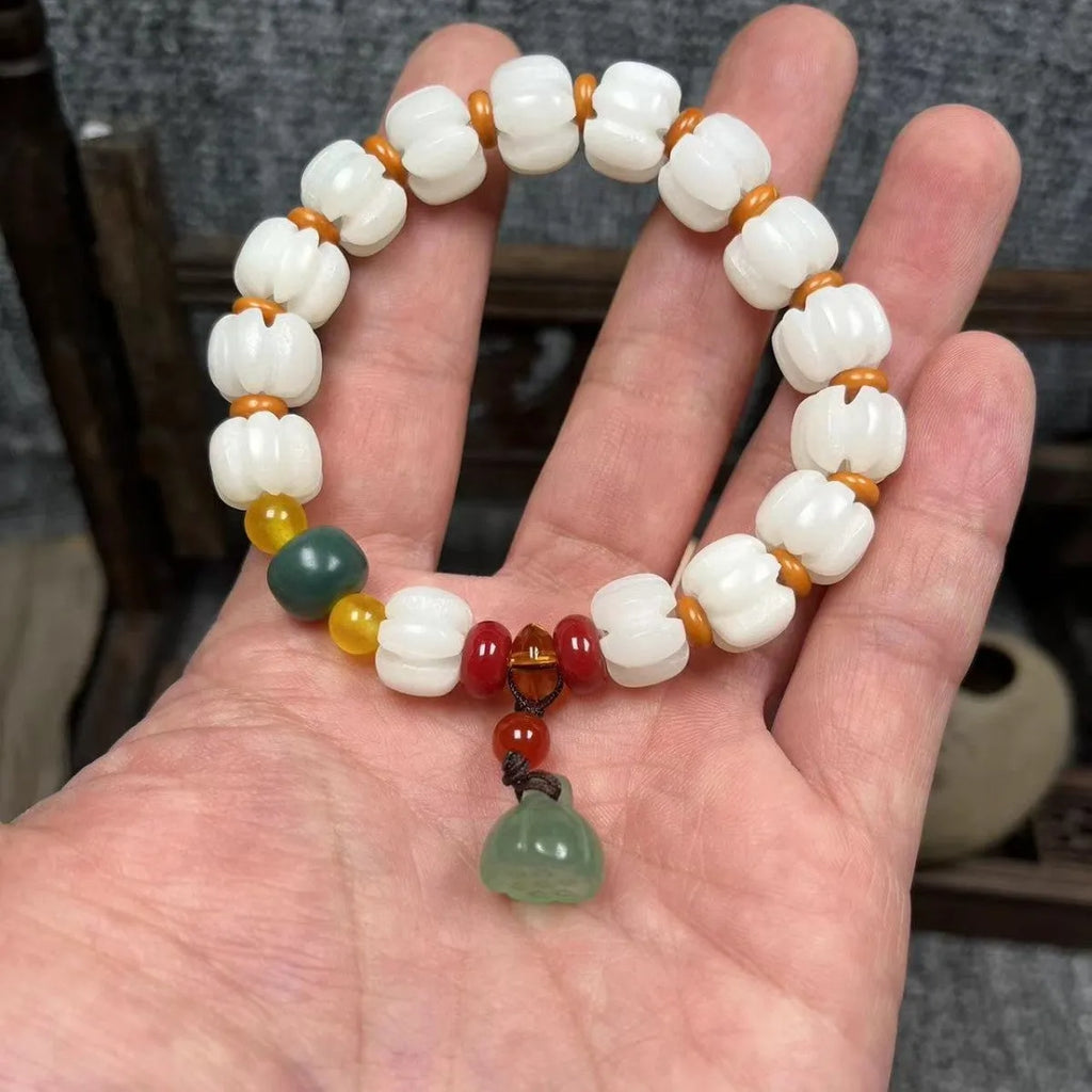 Hand-carved pumpkin lotus beads bracelet in white jade and bodhi root with multiple bead sizes