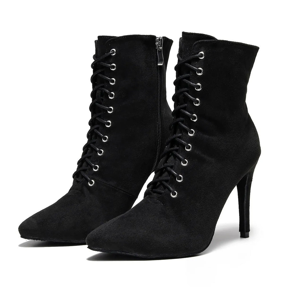 Pair of women's lace-up dance heels with mesh upper and leather sole, shown in black and skin colour, sizes 34-43