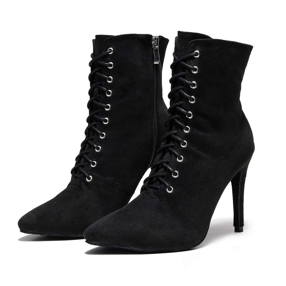 Pair of women's lace-up dance heels with mesh upper and leather sole, shown in black and skin colour, sizes 34-43