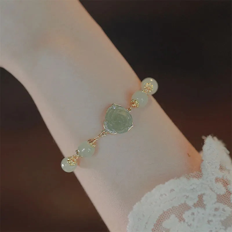 Handmade Hetian Jade women's bracelet with 14K gold gilding and floral rose design