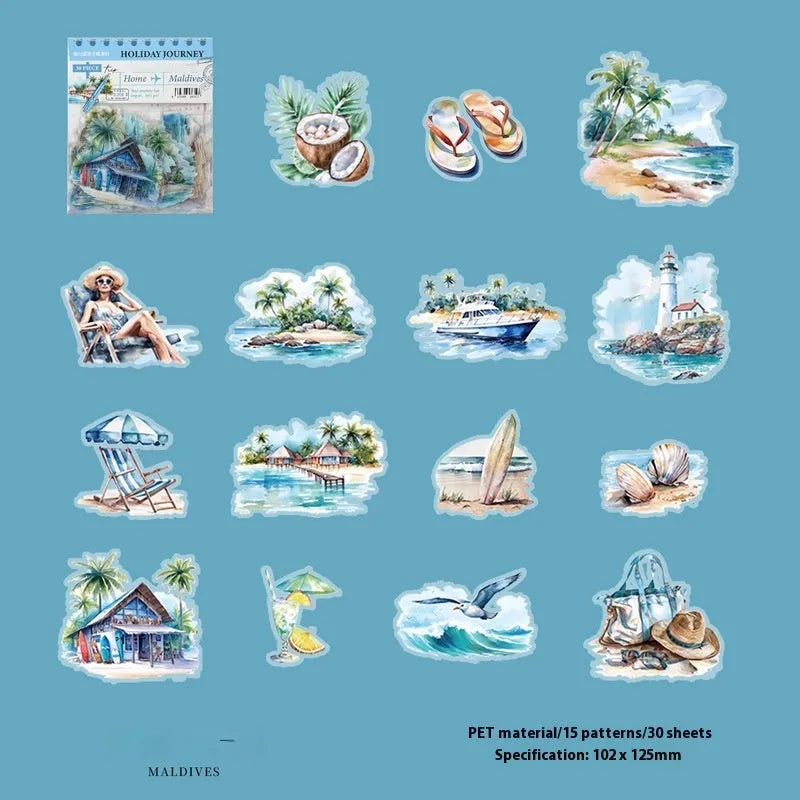 Holiday Journey Series architecture journal stickers with seven landmark designs in retro style