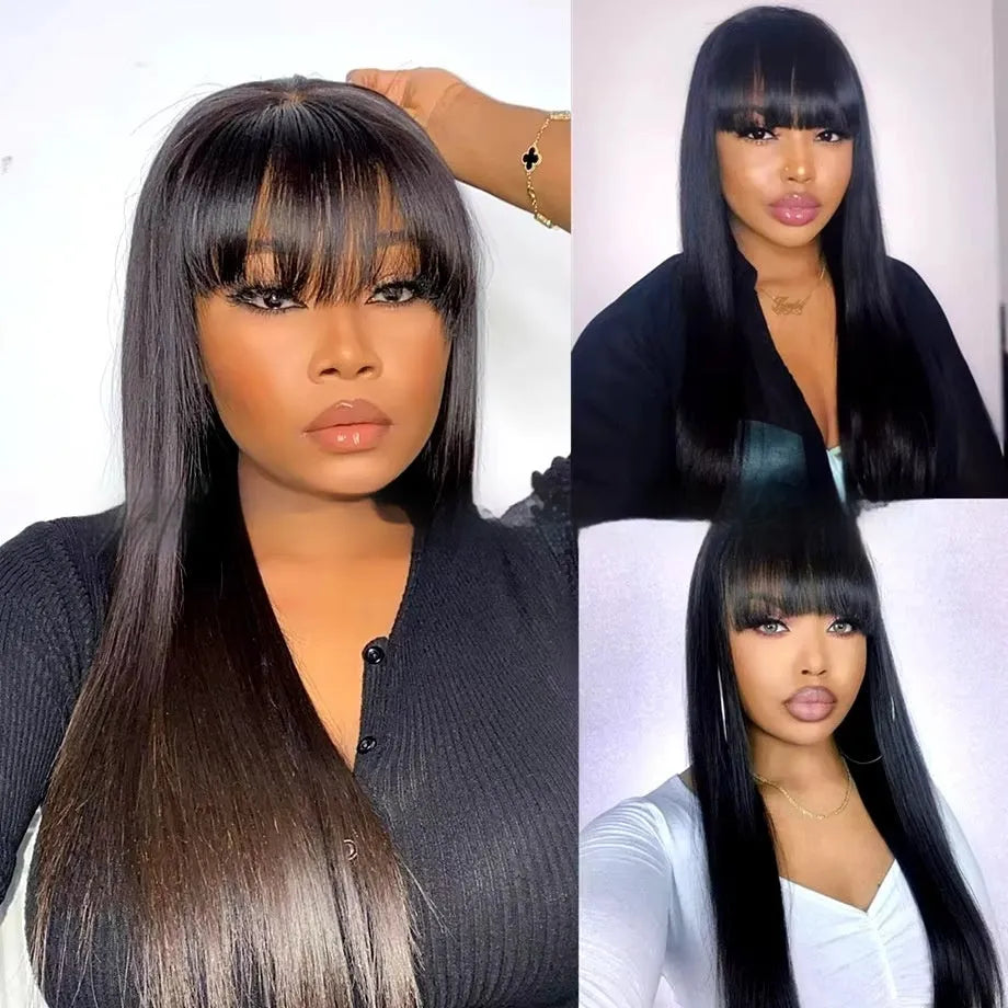 Natural colour human hair straight fringe wig on full mechanism headgear