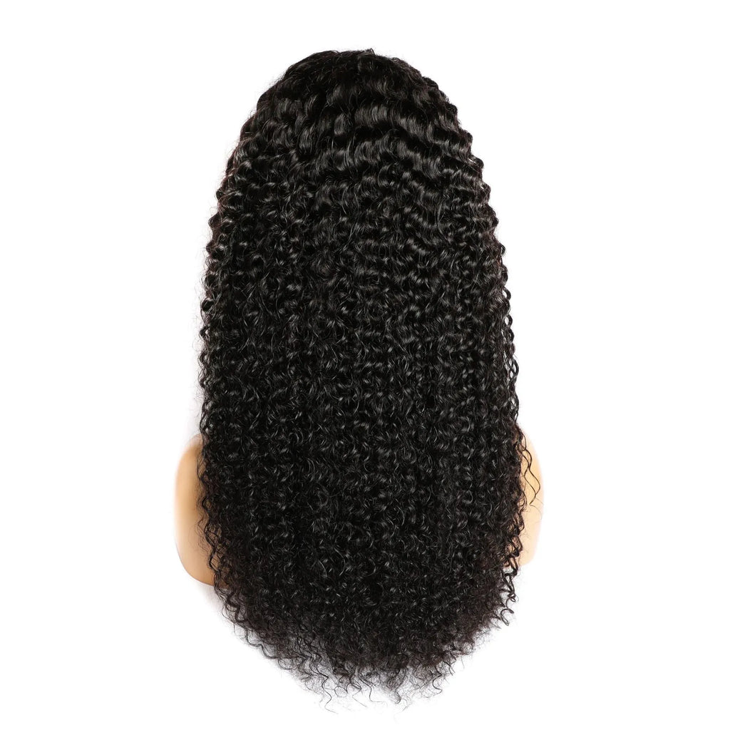Curly human hair lace front wig in long lengths, showcasing hand-tied construction and voluminous 150 density.