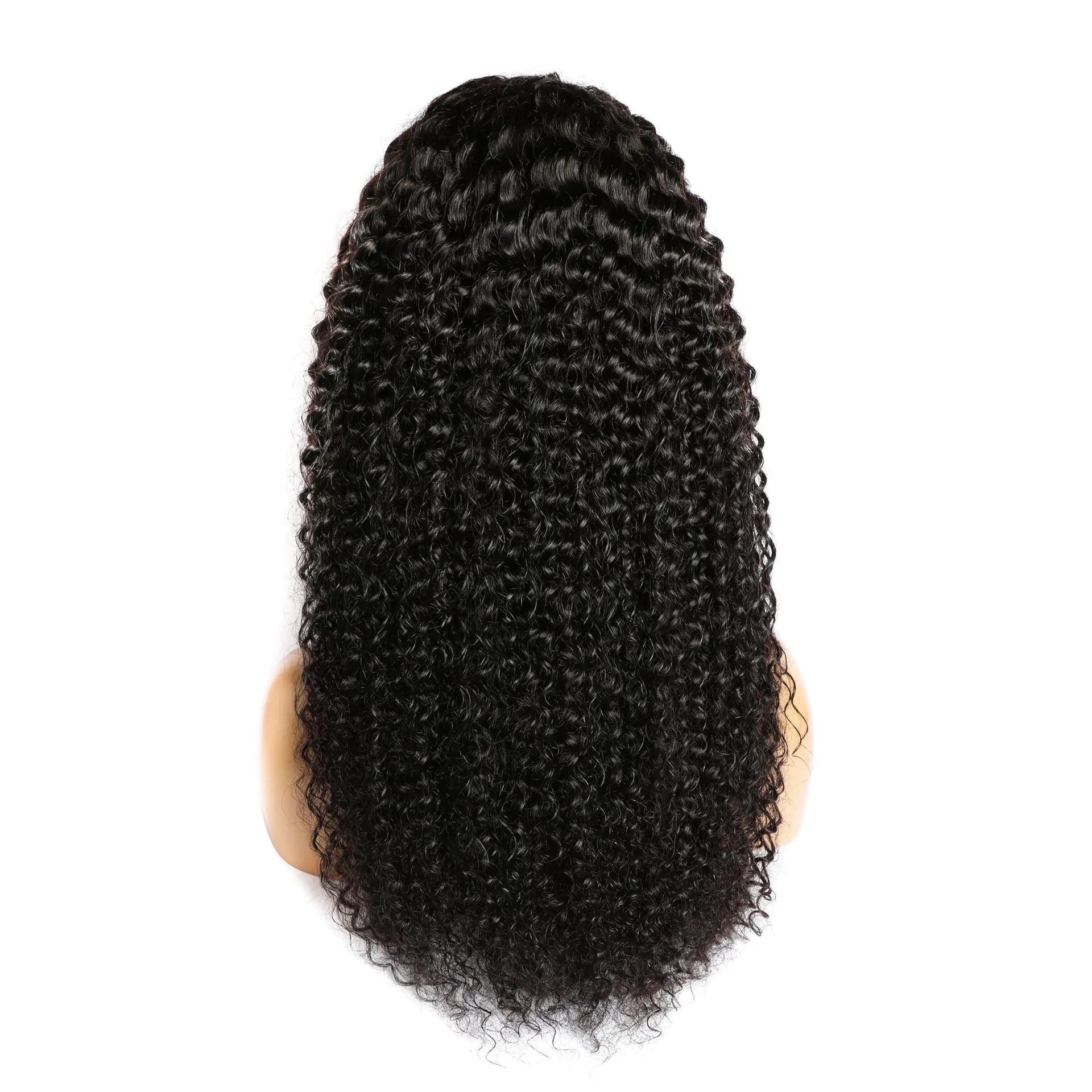 Curly human hair lace front wig in long lengths, showcasing hand-tied construction and voluminous 150 density.
