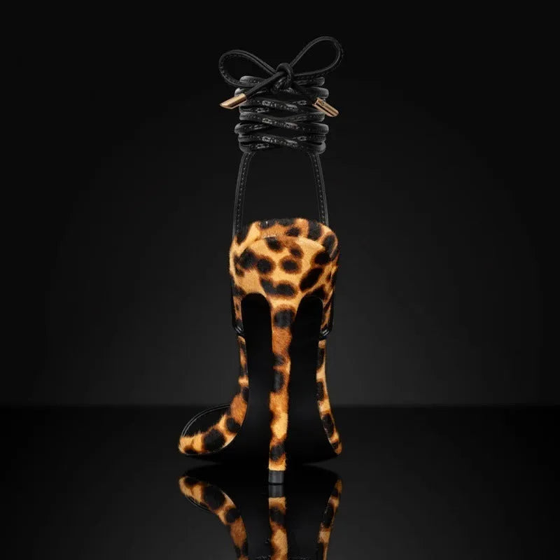 Women's leopard print Roman sandals with lace-up buckle closure and pointed toe