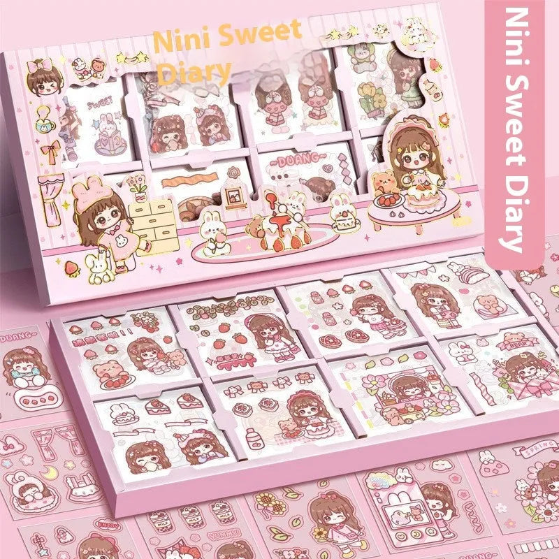 Box of children's stickers with designs for notebooks and cards, showing five colour themes.