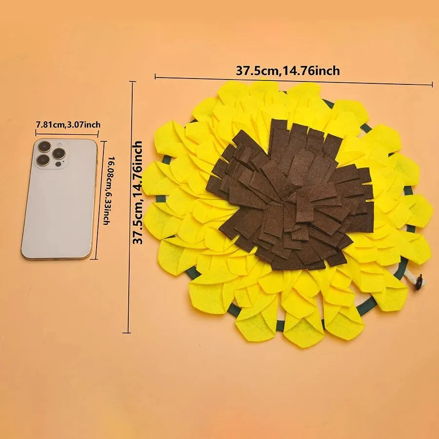 Yellow sunflower-shaped dog snuffle mat with rope and buckle for slow feeding and nosework training.