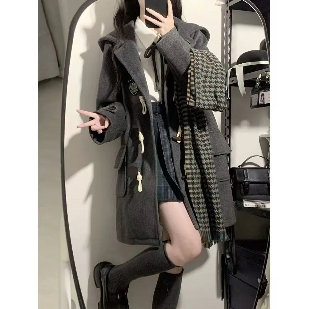 Japanese JK hooded woolen coat with horn button, loose fit, solid colour, black or dark gray