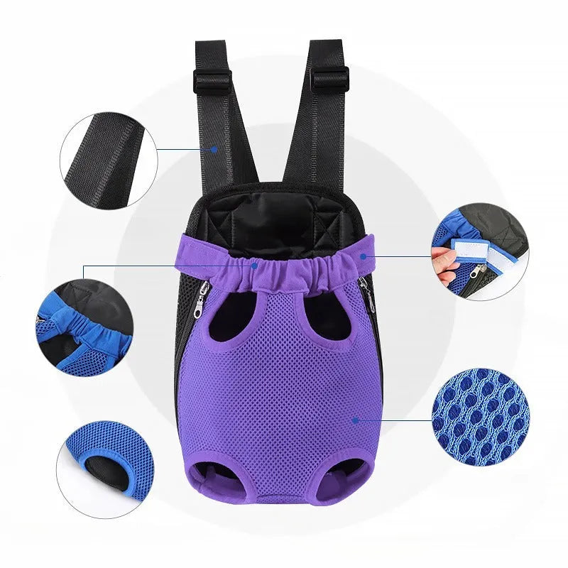 Adjustable dog carrier backpack with breathable mesh fabric shown in multiple colours