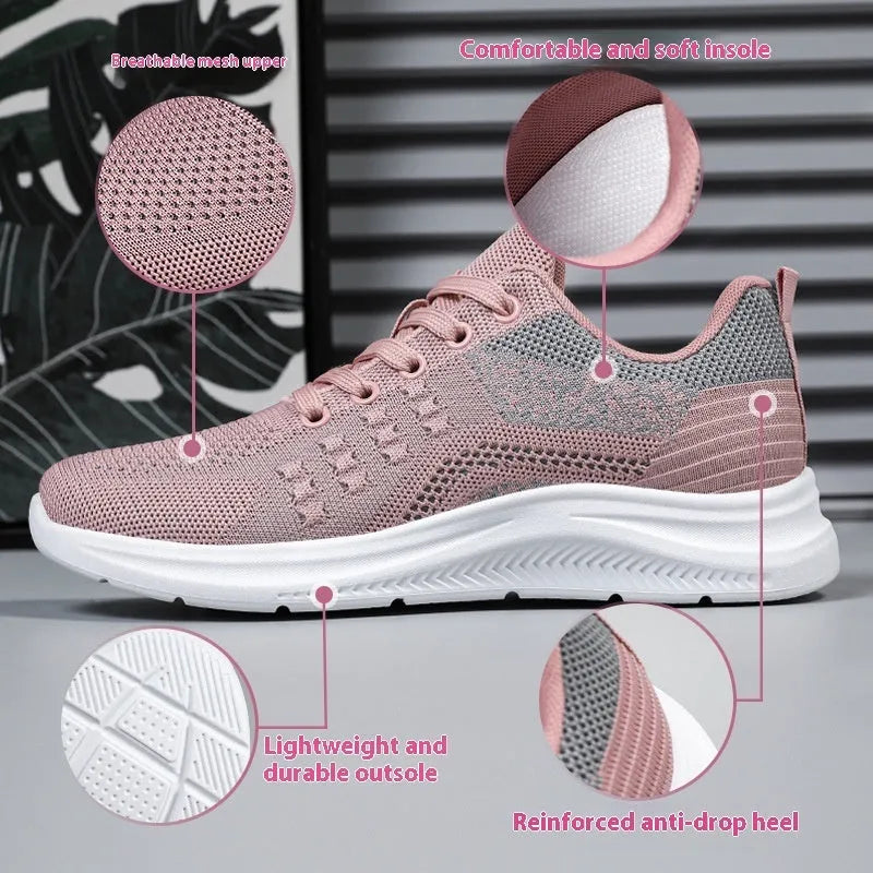 Women's lightweight mesh sneakers in black, grey or pink with round toe and lace-up front