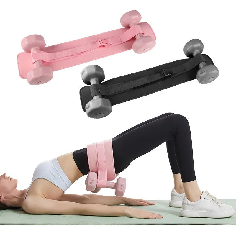 Black and pink weight-bearing hip bridge auxiliary strap for dumbbell and barbell training