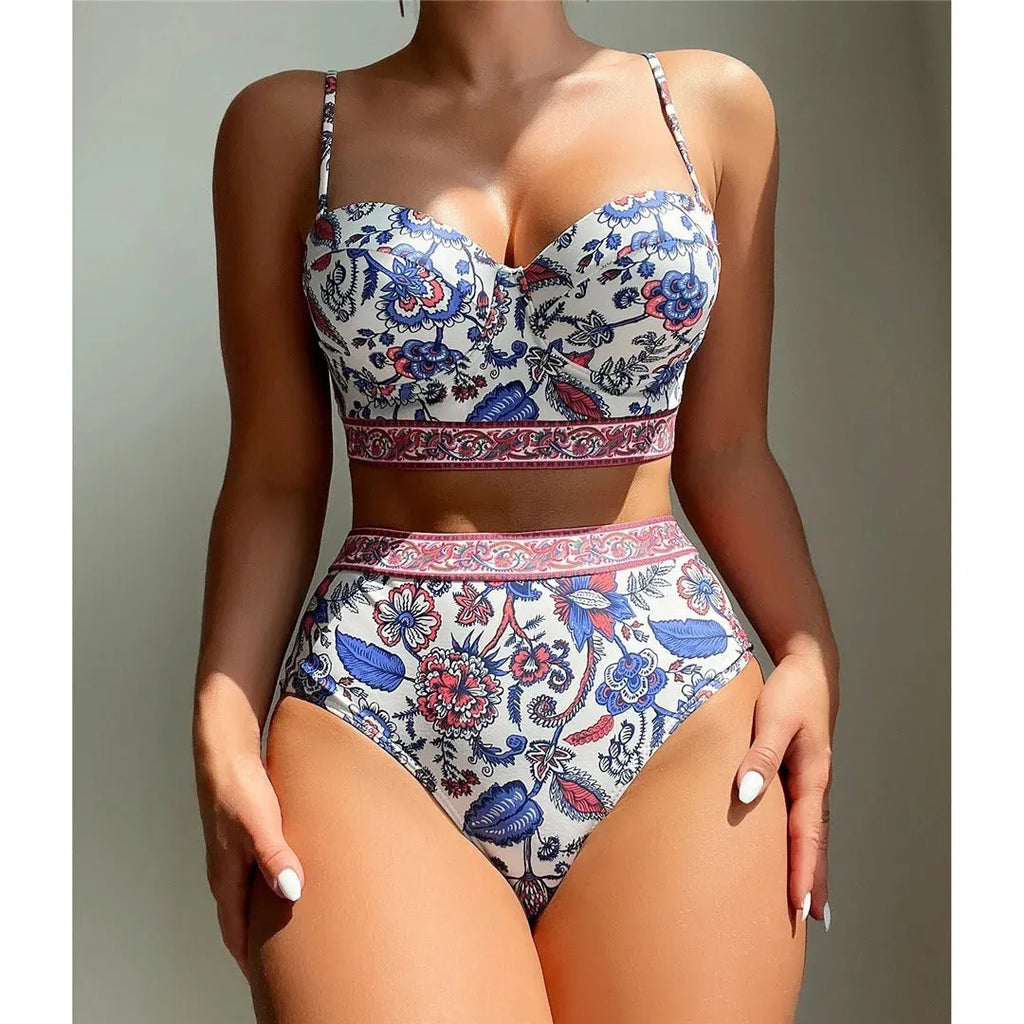 Blue women's high waist push-up bikini swimsuit set on a white background.