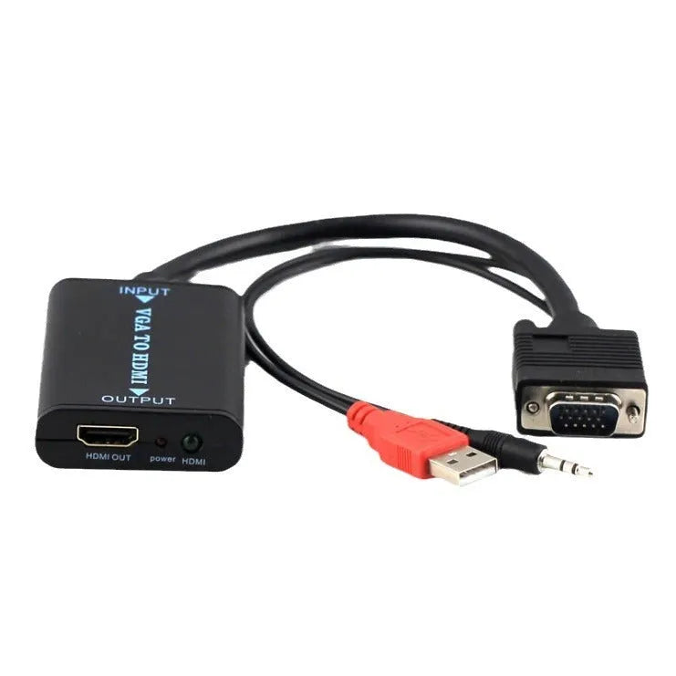 Black VGA to HDMI female converter with USB power cable and 3.5mm audio output port