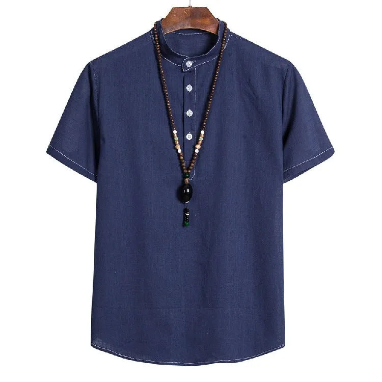 Men's Chinese style short-sleeved T-shirt with embroidery and retro buckle, cotton linen, khaki black grey
