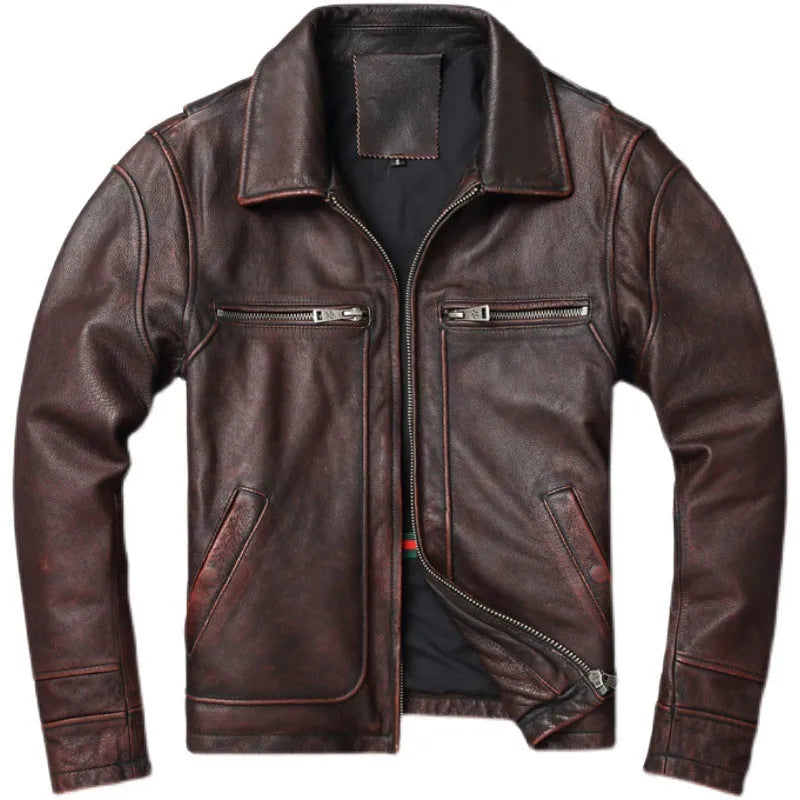 Men's short motorcycle leather coat in reddish brown with stonewashed distressed finish, front view