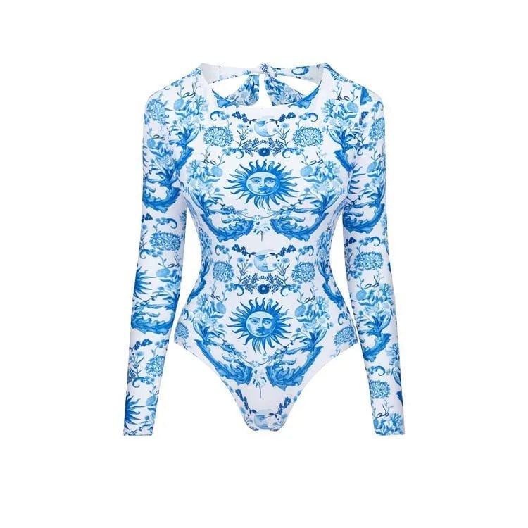 Floral long sleeve one-piece swimsuit for women, polyester surfing suit with skirt option, sizes S to XL