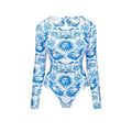 Floral long sleeve one-piece swimsuit for women, polyester surfing suit with skirt option, sizes S to XL