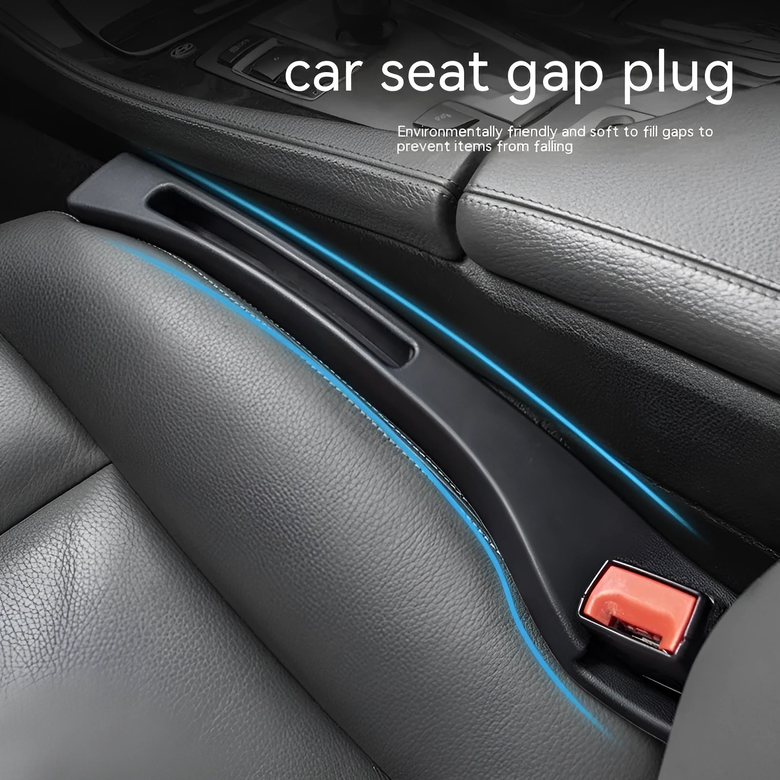 Black plastic car seat gap storage organiser box with a handle.