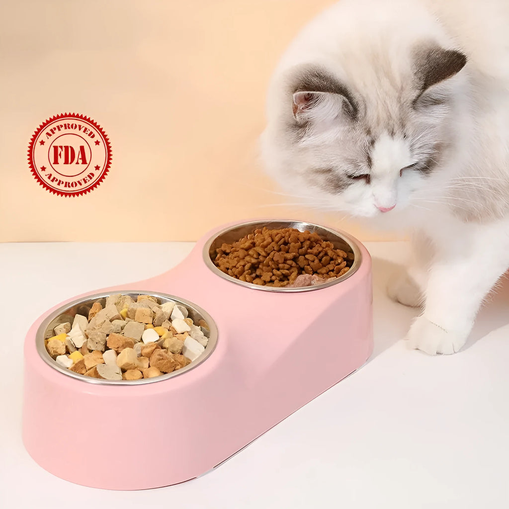 Alloy solid color separation design cat water bowl in gray with two compartments showing stainless steel inserts