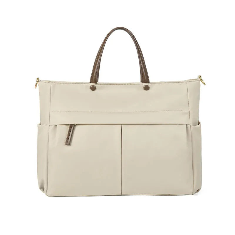 Women's Oxford cloth laptop briefcase with open outer pocket in Nuts and Apricots colour